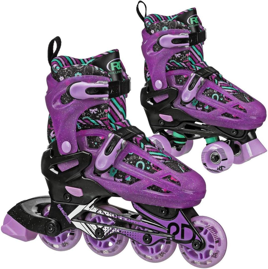 Roller Derby Falcon 2-in-1 Combo Quad and Inline Skates for Kids, Adjustable Sizing (Medium (3-6), Purple/Black)