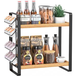 LEMIKKLE Coffee Station Organizer for Counter,Condiment Storage Caddy for Kitchen,2 Tier Wooden Shelf for Coffee Bar Accessories,Coffee Bar Organizer for Kitchen, Home, Office-Brown