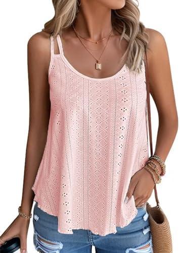 Eachrise Womens Tank Tops Summer Sleeveless Casual Spaghetti Strap Blouses Eyelet Embroidery Loose Fit Tunic Shirts.XL