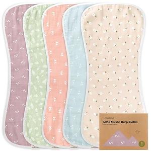 5Pack Muslin Burp Cloths Baby Boy, Girl  Very Absorbent Baby Burp Cloth Rags, 8Layers Viscose Derived from Bamboo Cotton Muslin Towel, Super Soft Spit Up Rags, No Shrink Washcloths (Blooms)