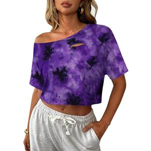 Avanova Women Off The Shoulder Crop Tops Distressed Ripped Short Sleeve Cropped Tee T-Shirt  (Purple, XL)