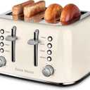 Roter Mond Toaster 4 Slice Retro Stainless Steel with Extra Wide Slots Bagel, Defrost, Reheat Function, Dual Independent Control Panel, Removable Crumb Tray, 6 Browning Levels, Cream White