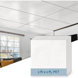 SUNWINGS 10-Pack Drop Ceiling Tiles, 24" x 24" White PET Decorative Ceiling Felt, 2ft x 2ft PET Waterproof Fire-Rated Covering Panels for Kitchen Bathroom Basement, Cover 40 Sq. Ft.