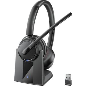 Mopchnic Wireless Headset with Noise Cancelling Microphone, On-Ear Bluetooth Headset with USB Dongle, Mute Function & Charging Base, Wireless Headphones for Work from Home and Call Center (Black)