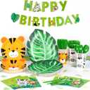DECORLIFE Safari Theme Party Supplies Serve 24, Animal Safari Plates and Napkins Party Supply for Jungle Birthday Decorations, Includes Safari Goodie Bags, Tablecloth, Banner, Total 218PCS