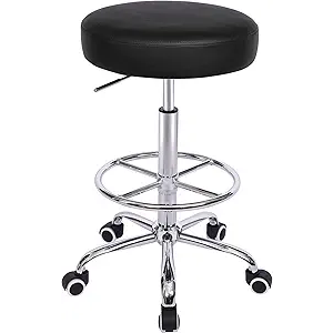 VECELO Round Rolling Stool with Footrest and Wheels, Easy Assembly PU Leather Height Adjustable Drafting Swivel Chair for Spa Salon, Office, Medical, Beauty, Bar, Lab, Black