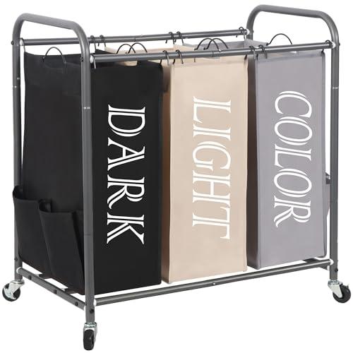 STORAGE MANIAC 3 Section Laundry Sorter, 35.9 Gal (136 L) Laundry Hamper Cart with Heavy Duty Rolling Lockable Wheel and Removable Bag, Clothes Organizer Basket Clothes Separator Hamper, Multicolored Sealed And Brand New