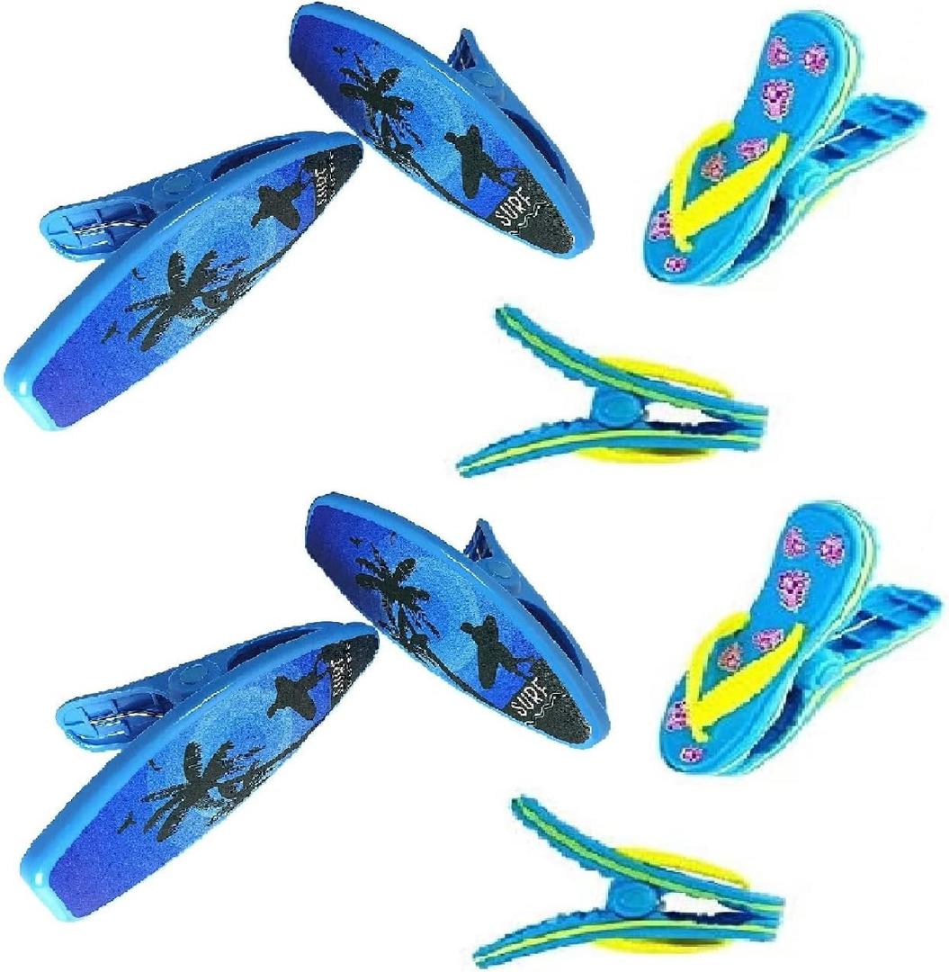4 Set (8 Ct) 2X Blue Flipflops / 2X Blue Surfboard Beach Towel Clips Jumbo Size for Beach Chair, Cruise, Pool & Patio Accessories, Household Clip, Baby Stroller