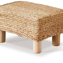 Wimarsbon Natural Seagrass Footstool Ottoman Rectangular Footrest Pouf Ottomans with Wooden Legs Hand Weave Step Stool for Living Room Bedroom Entryway Natural White