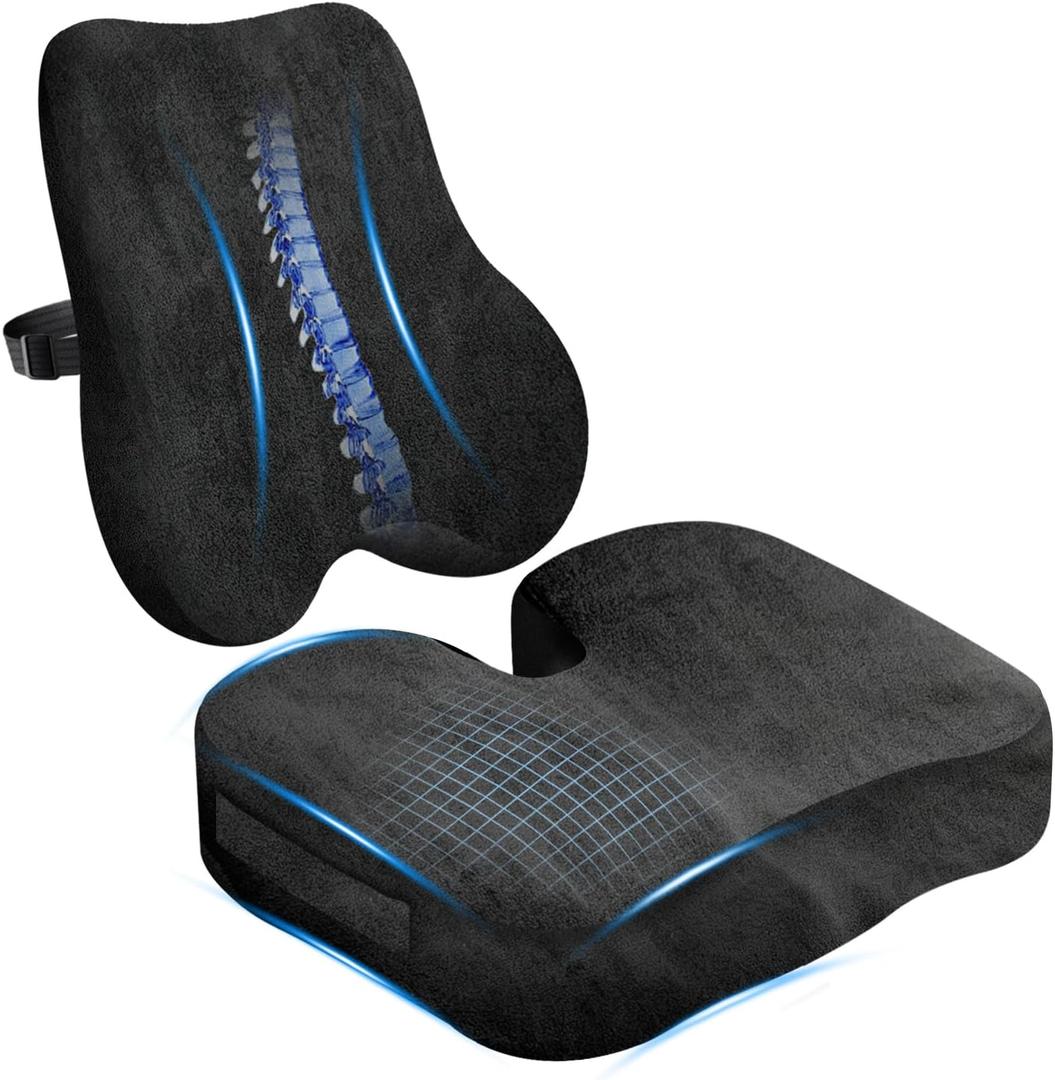 Memory Foam Seat Cushion & Plush Velvet Lumbar Support Pillow Set, Comfort Computer Chair Cushions for Tailbone & Back Pain Relief, Ergonomic Office Chair Cushion for Car, Home, Wheelchair (Black)