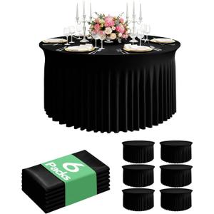 6 Pack Spandex Table Cover Skirts for 60 inch Round Tables, Black Stretch Table Cloths with Floor-Length Ruffle, Elastic Fitted Skirted Tablecloth for Elegant Wedding Banquet Party Buffet Decoration