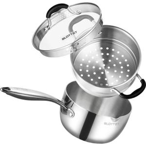 SLOTTET 3.5 Quart Stainless Steel Saucepan with Steamer, Tri-Ply Full Body Small Multipurpose Pot with Pour Spout,Strainer Glass Lid, 3 Qt Sauce Pan for Cooking with Stay-cool Handle.