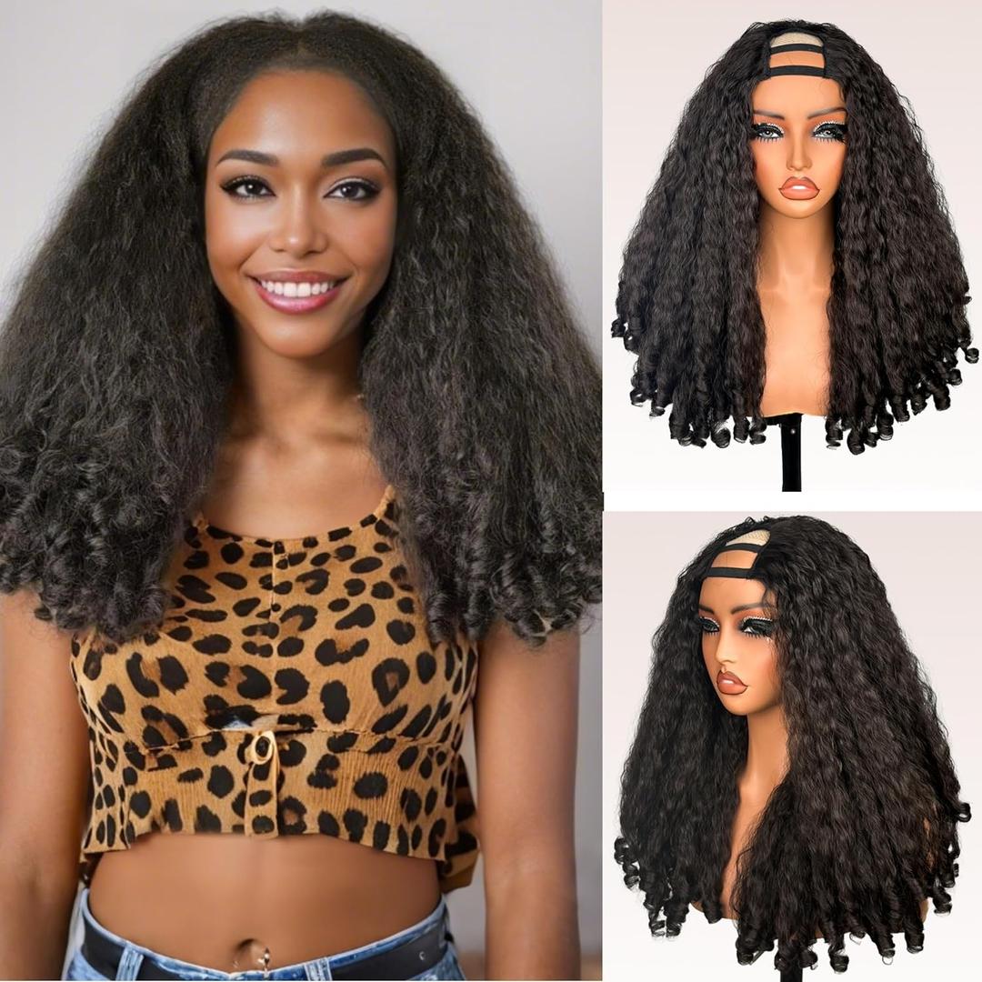 Afro Curly V Part Half Wig Synthetic U Part kinky straight Hair Texture with Unique Bouncy Curls End 24 Inch Natural Black Heat Friendly Afro Wigs for Black Women No Leave out Clip in
