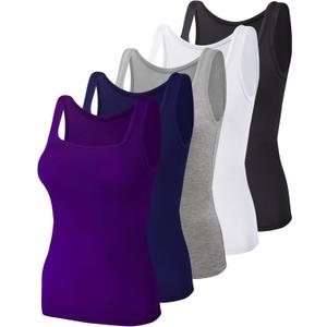 BQTQ 5 Pack Women's Tank Tops Square Neck Sleeveless Ladies Tank Top Undershirts (Large, Purple, Black, Gray, Navy, White)