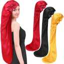 Geyoga 3 Pcs 40 Inches Extra Long Satin Braid Bonnet for Sleeping Silk Hair Bonnet for Women with Tie Band Foldable Braids Hair Sleep Tie, Black, Wine Red and Gold (Large)