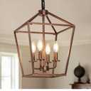 Rustic Lantern Chandeliers 4-Light Ceiling Cage Hanging Lights Black Gold Pendant Light Fixtures for Kitchen Island Dining Room Farmhouse Entryway Foyer