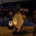 Garden Gnome Statue Outdoor Decor Large Flocked Resin Gnome Figurine with Solar Light Holding Lantern Welcome Sign Garden Yard Decorations Dwarf Sculpture for Outside Patio Porch Lawn Decor.