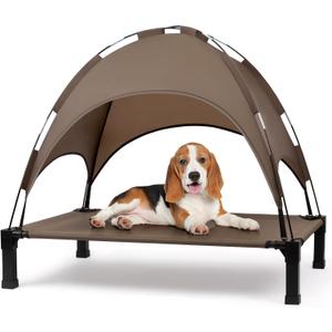 Heeyoo Elevated Dog Bed with Canopy, Outdoor Dog Bed Cot with Removable Shade Tent, Portable Raised Pet Cot Cooling Bed for Dogs and Cats, Brown (42"L x 30"W x 8.4"H)