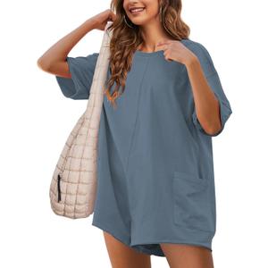 Womens T Shirt Romper Hot Shot Tee Romper for Summer Casual Short Sleeve Oversized Athletic Workout Outfits (Medium, Bluegrey)