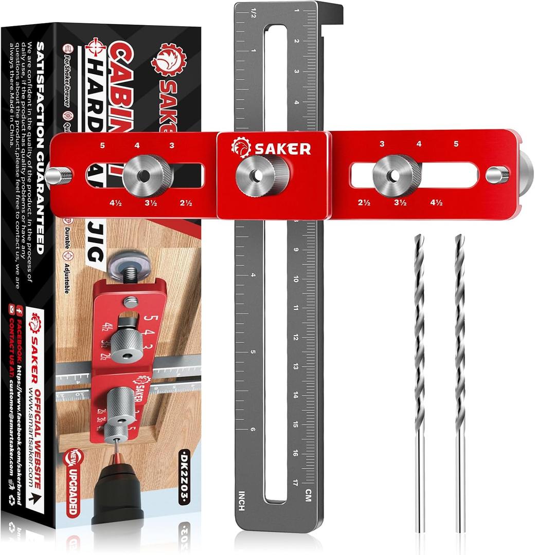 Saker Cabinet Hardware Doweling Jig,Adjustable Cabinet Template Tool for Knobs,Handles and Pulls,Self Centering Punch Locator Precise Woodworking Drill Guide for Drawer Cabinet Installation