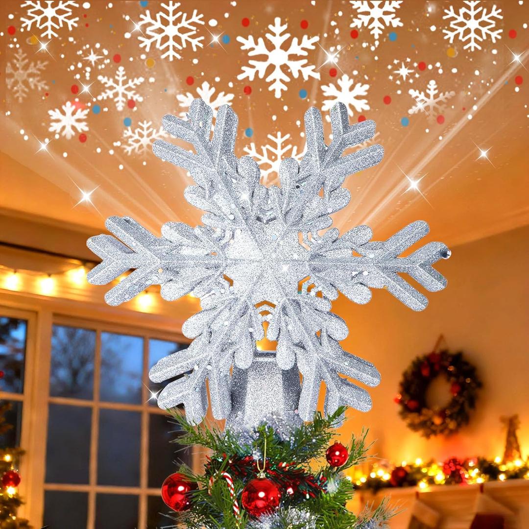 Christmas Tree Topper Lighted with LED Rotating Silver Snowflake Projector, 3D Hollow Glitter Lighted Snow Tree Topper for Xmas New Year Party Holiday Christmas Decorations