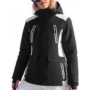 FREE SOLDIER Women's Waterproof Ski Snow Jacket Warm Fleece Lined Winter Rain Jacket with Hood Fully Taped Seams, White Black, 2XL