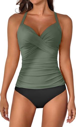 B2prity Women's Ruched Tankini Suimsuits V Neck Wrap Tie Back Two Pieces Bathing Suit Tummy Control Swimwear Army Green, Black, S