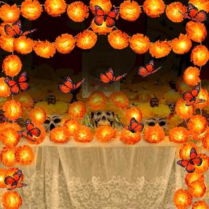 2 Pack Day of the Dead Decorations Total 13.1Ft Marigold Garland for Decoration, 40 Lighted Artificial Marigold Flowers 12 Butterfly for Dia de Los Muertos Indian Diwali Altar Halloween Home Decor (Orange)