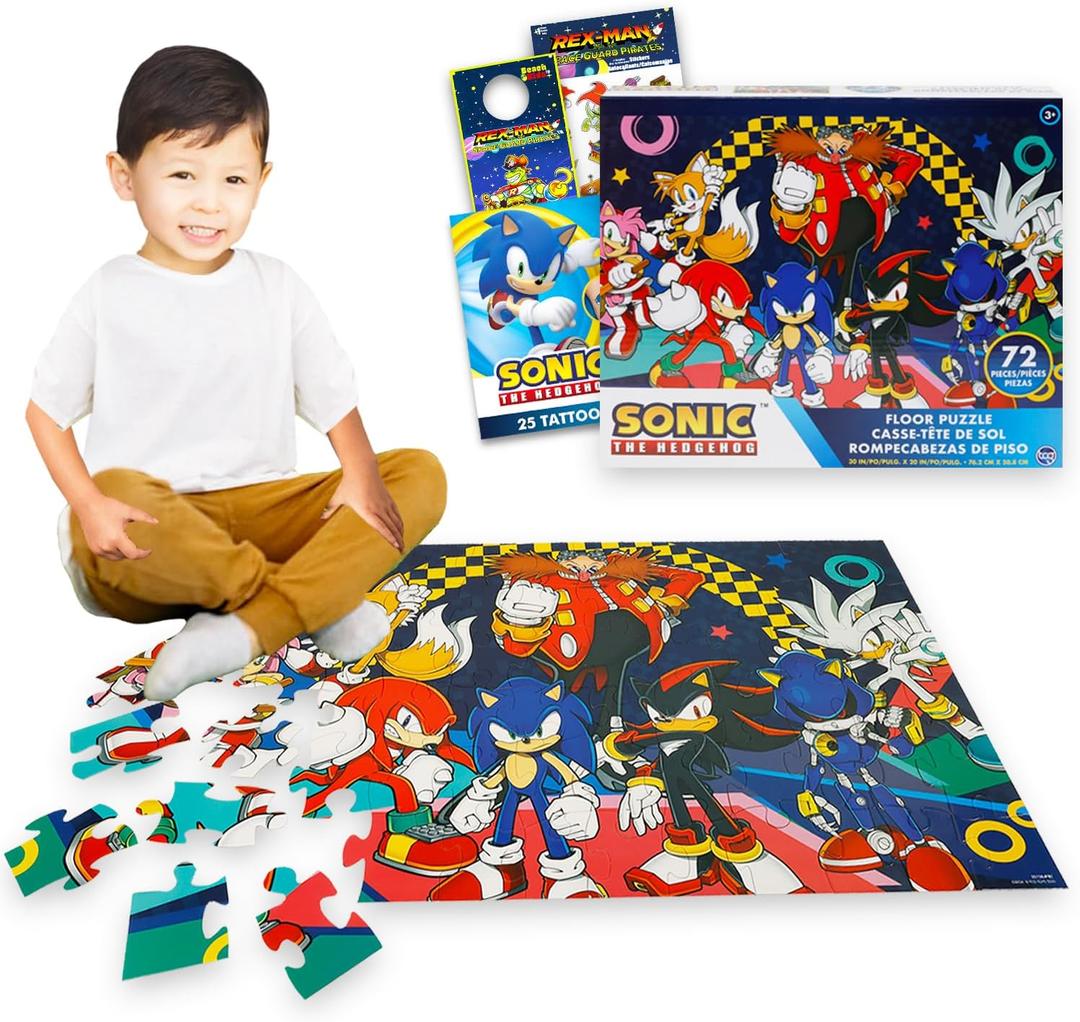 Sonic the Hedgehog Floor Puzzle for Kids Set - Bundle of 72 Piece Sonic Floor Puzzle, Stickers, Tattoos, More | Sonic Jigsaw Puzzles for Kids Ages 5+