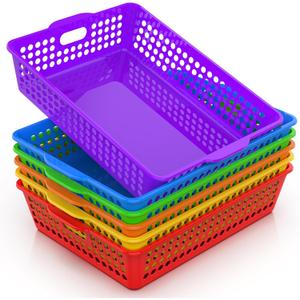 QRRICA 6 Pack Plastic Classroom Storage Baskets, Paper Trays for Classroom Organization & Turn in Trays for Teachers, Students, Desk Organizer Bin 13.8x10.6x3.1 Inch (Rainbow)
