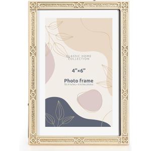 4x6 inch Picture Frame Design Vintage Style Metal Photo Frame with High Definition Glass Antique Display Holder for Tabletop (Gold-Antique)