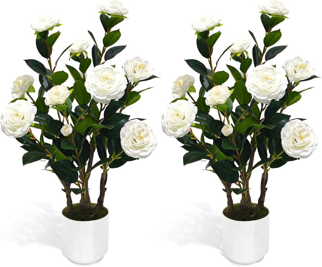 2Pack Artificial Camellia Tree, 2FT Faux Camellia Plant in Pot with White Flowers for Spring Home Front Door Outdoor Indoor Decoration,White