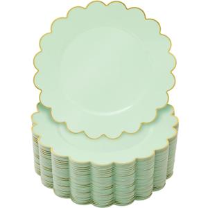 BLUE PANDA 50 Pack Sage Green Plastic Plates with Gold Trim, 9-Inch Scalloped Edges Plastic Plates, Durable Pastel Dessert Party Plates for Birthday, Baby Shower, Wedding