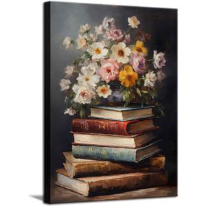 Moody Flower Books Canvas Wall Art, Vintage Spring Wildflowers Poster Prints Dark Academia Floral Gallery Wall Decor Picture Easter Flower Paintings Artwork for Bedroom Living Room Decoration (24"L x 16"W)