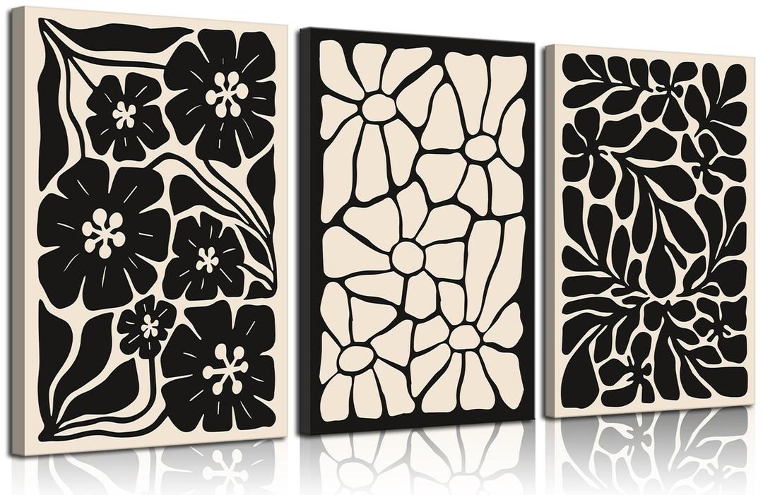 Abstract Boho Floral Botanical Canvas Wall Art Set of 3 Minimalist Black Flowers Wall Decor Aesthetic Pictures Neutral Modern Plants Posters Prints for Bedroom Living room Decoration 16x24in