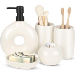 FoldTier 5 Pcs Ceramic Bathroom Accessories Set Includes Soap Dispenser Toothbrush Cup Holder Soapbox Holder Stylish Modern Bathroom Matte Glaze Decor(White)