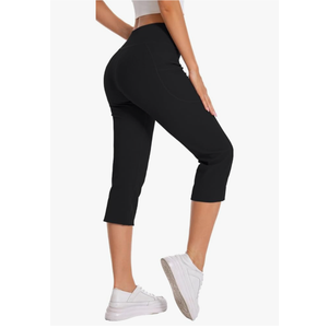 Yoga Capri Pants for Women with Pockets Essential High Workout Running Leggings 4 Way Stretch Pants, Large, Black