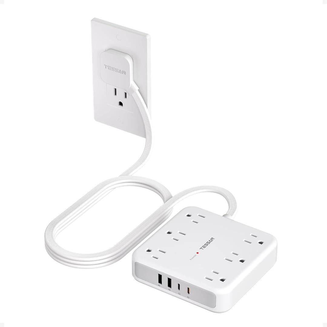 TESSAN Surge Protector Power Strip 2100J, 5 Ft Flat Plug Extension Cord with Multiple Outlets, 4 USB (2 USB C) 6 Outlets, 1875W 15A, 20W Multiple Desk Charging Station for Home, Office, Dorm Room (Grey)