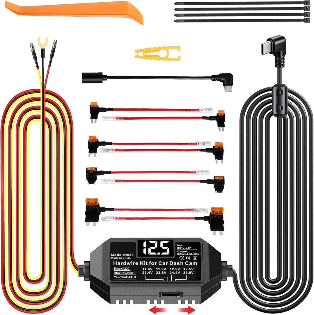 Dash Cam Hardwire Kit USB C, 12V-24V to 5V Type C Hardwire Kit with LED Voltmeter, 4-Level Adjustable Low Voltage Protection, 3-Lead Power Cable for Dash Camera Parking Mode & Continuous Recording