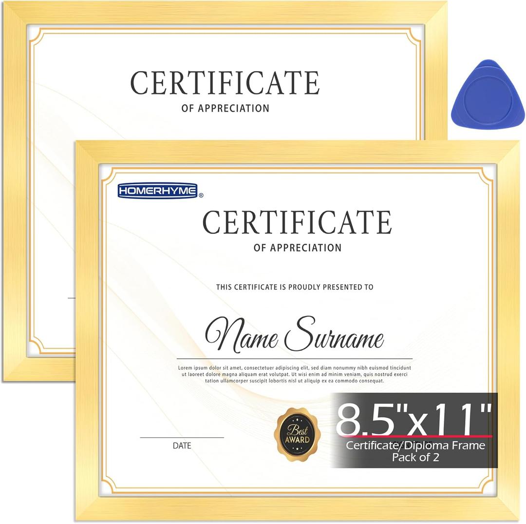 HOMERHYME Diploma Frame, 8.5 by 11 Gold Picture Frames, Certificate Frame with Clear Plexiglass, 8.5 x 11 Photo Graduation Degree Record Magazine Frames for Office Gallery Home Wall Decor, 2 Pack