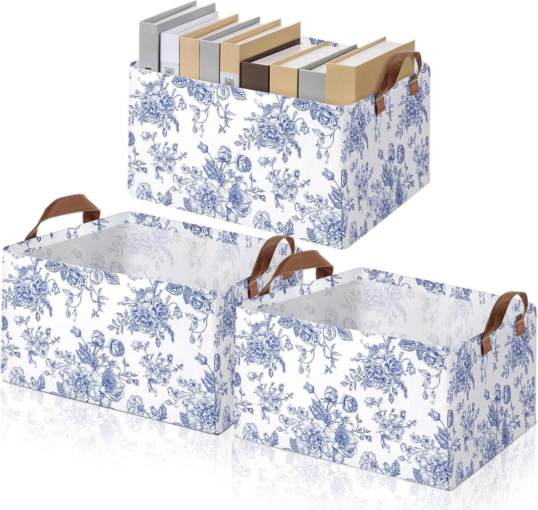 Boao 3 Pcs Blue Floral Storage Bin Wildflowers Collapsible Large Storage Baskets for Gifts Canvas Laundry Basket Foldable Box with Handle for Office Home Bedroom Clothes (15 x 11 x 8 Inches)