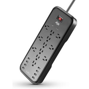 KMC 12-Outlet Surge Protector Power Strip with 8 USB Charging Ports (5V/10A), 2500J,6-Foot Cord