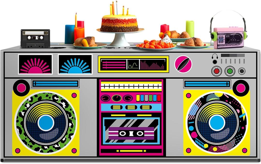 6 Ft 80s 90s Theme Tablecloths Birthday Party Decorations Retro Radio Table Cover Washable Fabric Polyester Rectangle Table Covers Protector for Back to 80s 90s Hip Hop Birthday Party Decorations