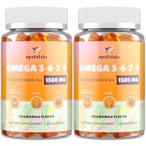 Omega-7 Sea Buckthorn Oil Gummies, Omega 3 6 7 9 Supplement for Women, Flaxseed Oil, Vitamins E, A & Probiotics - Skin, Eye & Dryness, Chamomile Flavor - 120 Gummies