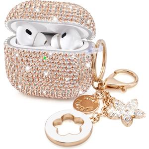 Case for Apple Airpods Pro 3 Case Cover 2025, VISOOM Bling Jewerly Airpods iPods Pro3 Cases Cute Glitter Diamond Airpod iPod Pro3 Cases Rhinestone AirPods iPods Pro 3rd Gen Cas with Keychain for Women (J-Champagne Gold)