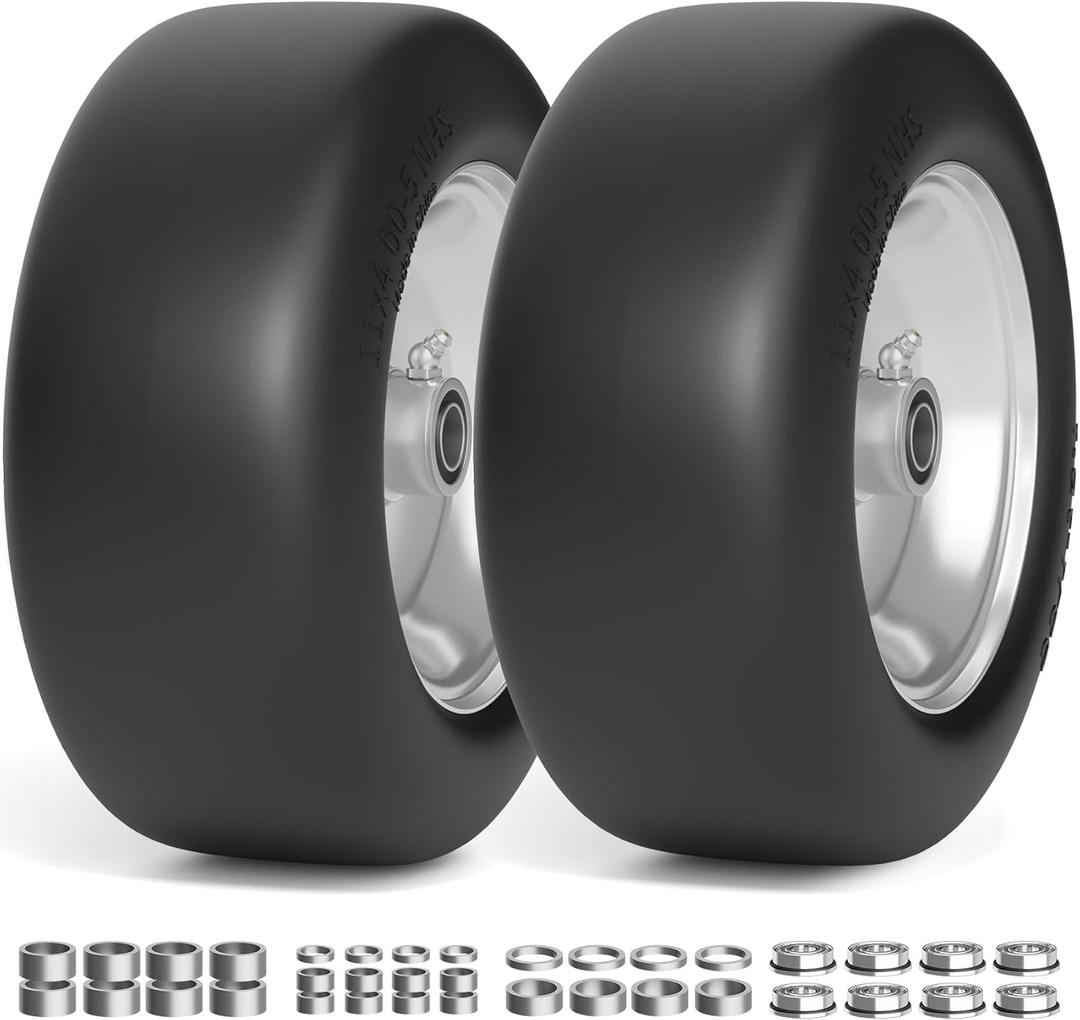 TEPU 11x4.00-5 Lawn Mower Tires Flat Free, Zero Turn Mower Front Tires, 11x4-5 Solid Tire With 3/4", 5/8" and 1/2" Bearings, 3.4"-5.8" Center Hub, 2Pack Gray, 350Lbs, For Residential and Commercial