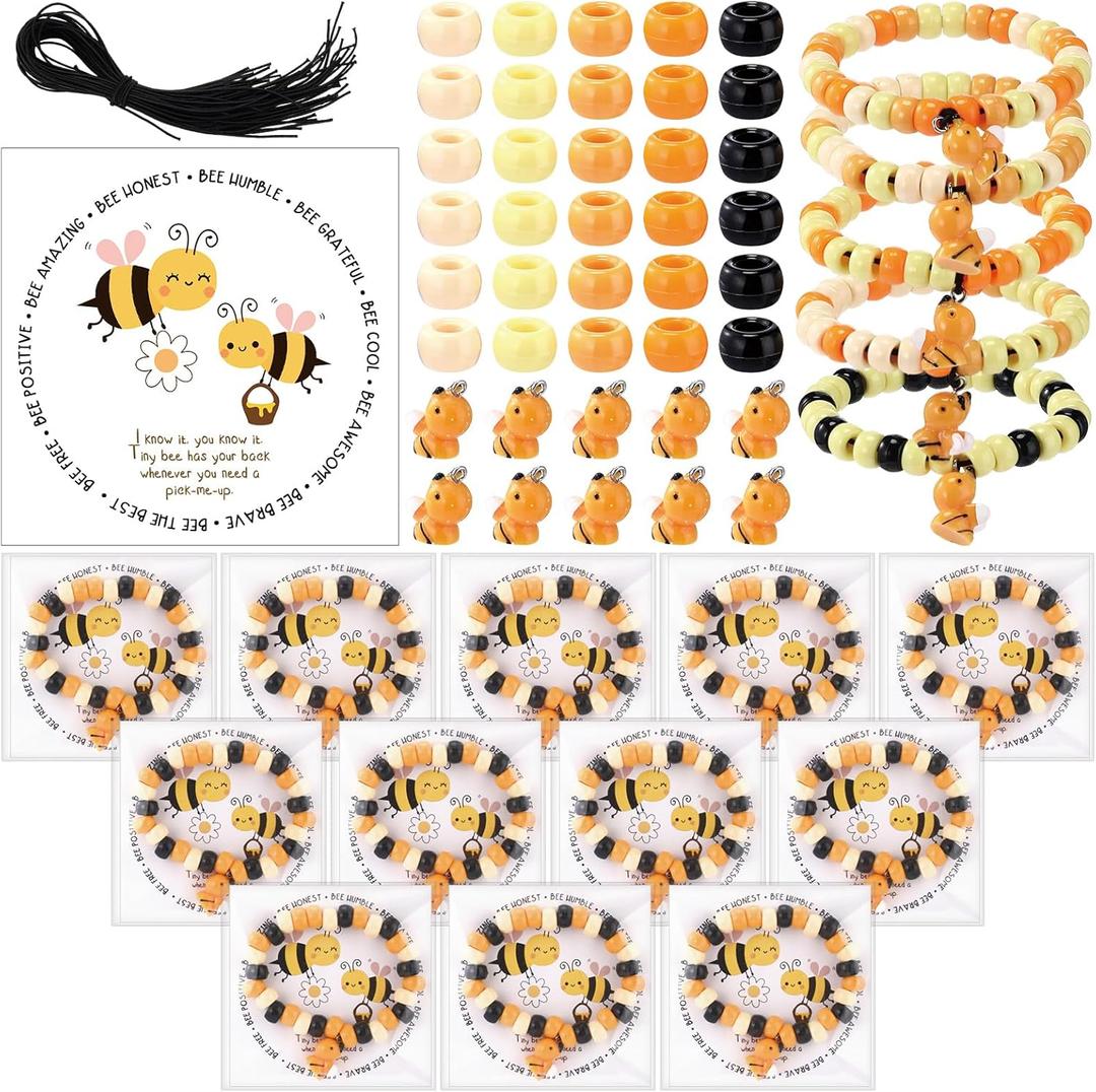 Highergo 50 Set Motivational Bee Themed Gifts Bee Bracelet Beads DIY Craft Kit with Inspirational Cards and Bags for Teacher Bee Party Favors