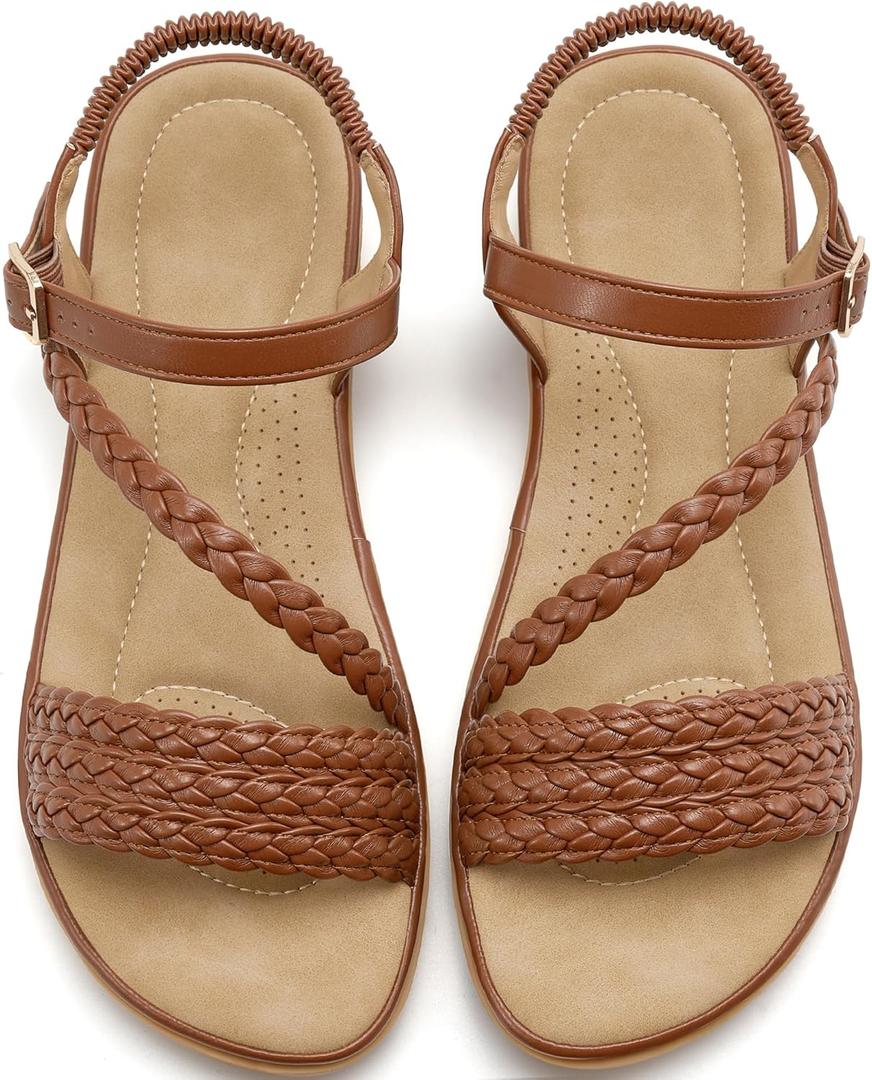 Aomigoct Dressy Womens Sandals Summer: Comfortable Strappy Flats Sandals Women - Casual Walking Woman Shoes (8, Brown)