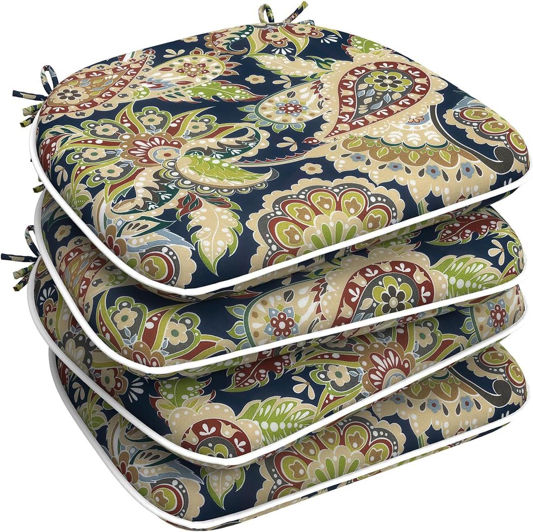 LVTXIII Outdoor Chair Cushions for Patio Furniture Set of 4, Water Repellent Patio Chair Cushions 17"x16" with Ties, U-Shaped Dining Chair Pads for Garden Kitchen Use, Paisley Bloom