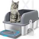 Enclosed Stainless Steel Cat Litter Box with Lid Extra Large Litter Box for Big Cats XL Metal Litter Pan Tray with High Wall Sides Enclosure, Non-Sticky, Anti-Leakage (Grey) (6" Deep Dark Grey)